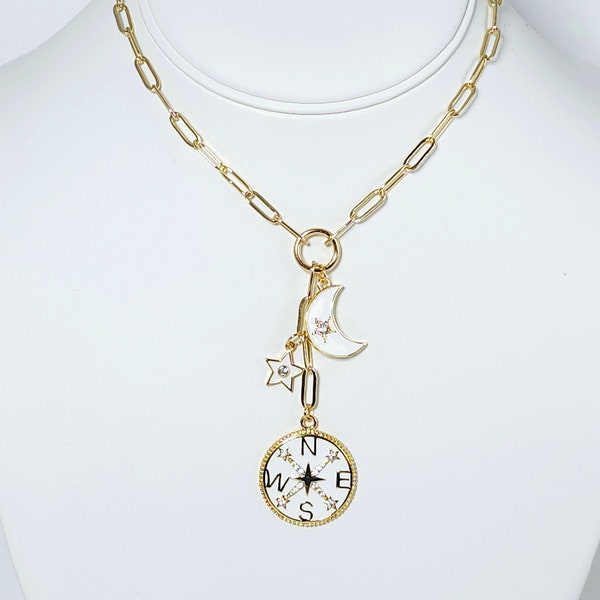 Gold Lariat White Enamel Cubic Zirconia Compass Crescent Moon Star Chic Stylish Trendy Fashion Charm Pendant Drop Paperclip Chain Necklace