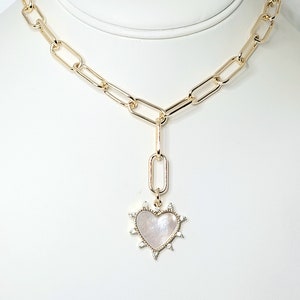 Gold Heart Paperclip Y Lariat Popular Mother Of Pearl/ Spike Sunburst Heart Pendant Statement Charm Necklace