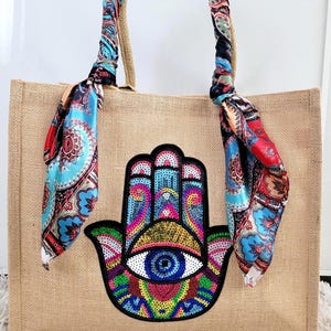 Sequin Evil Eye Hamsa Beach Bag Colorful Scarf Handle Tote Boho Chic Vacation Resortwear