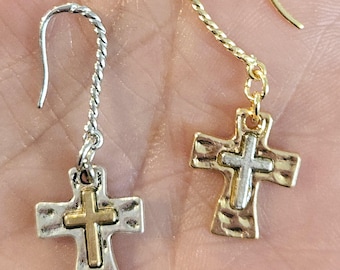 Hammered Cross Dangle Charm Earrings Rustic Faith Jewelry Vintage Inspired Talisman Bohemian Boho Chic Christian Spiritual Gift For Her