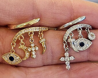 Evil Eye Italian Horn Protective Charm Ring with Cross and Moon Dangling CZ Amulet Adjustable Good Luck Spiritual Talisman Gift For Her