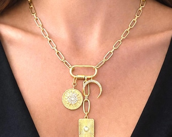Gold Layered Moon Charm Statement Necklace Paperclip Chain Celestial Spiritual Fashion Symbolic Jewelry