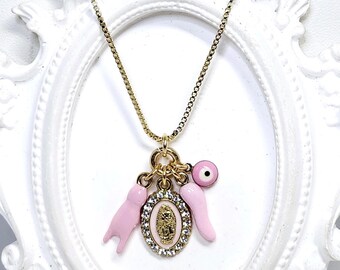 Italian Multi Charm Protection Necklace Gold Pink Virgin Mary with Evil Eye Cornicello Mano Cornuto Amulet Good Luck and Spiritual Strength