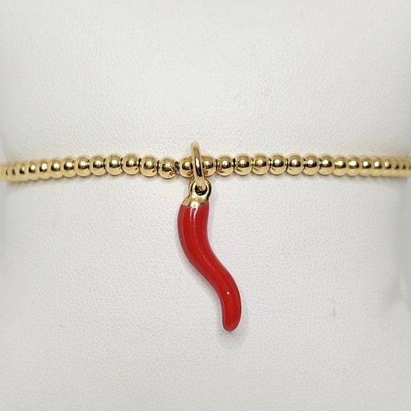 Cornicello Cornuto Red Italian Horn Malocchio Maloik Stretch Gold Beaded Luck Protection Bracelet