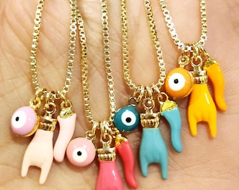 Evil Eye Italian Cornicello Horn Mano Cornuto Hand Colorful Protection Charm Necklace Stylish Spiritual Gift For Children And Ladies