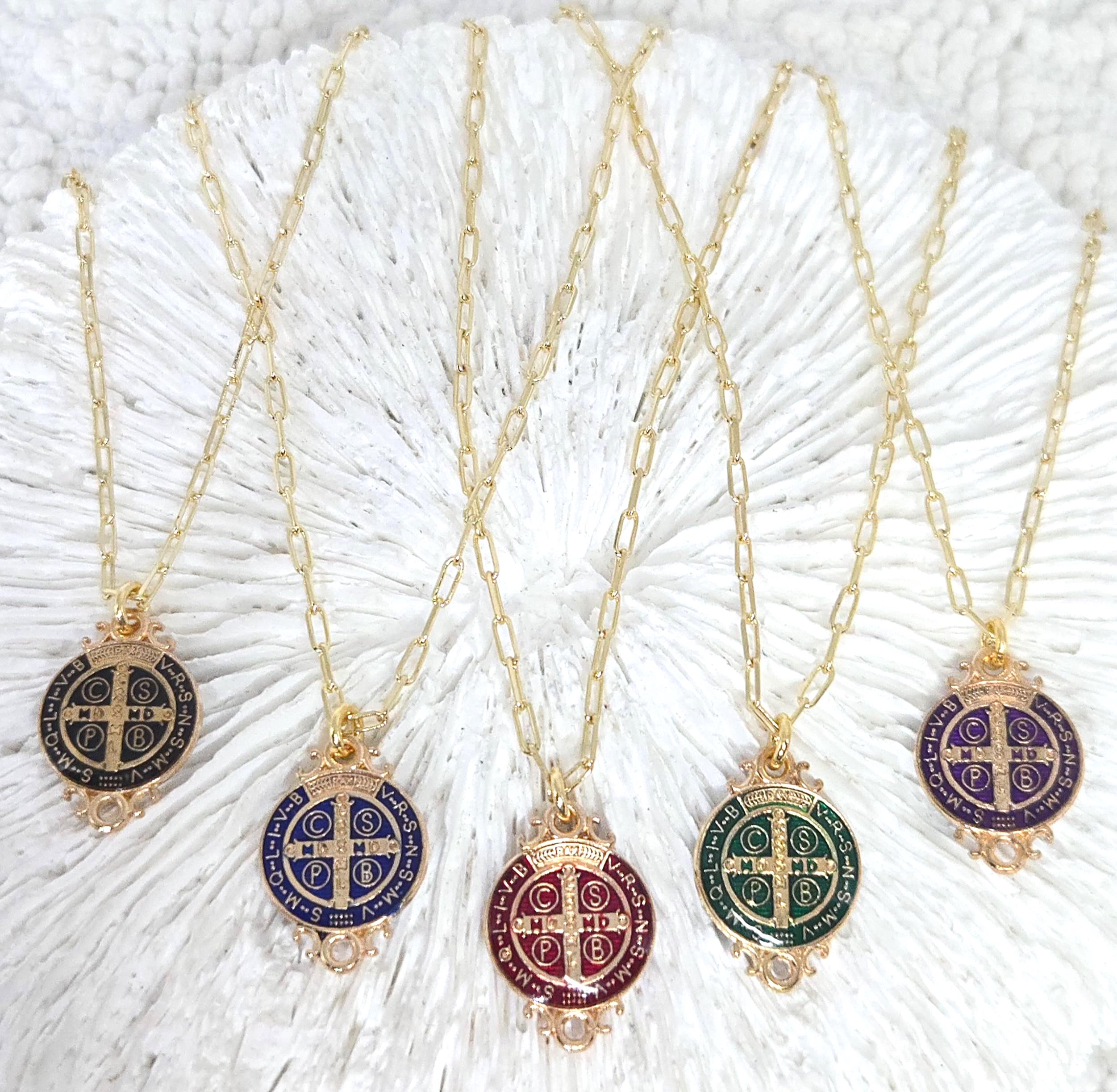 Saint Benedict Cross Medal Necklace Gold Enamel Catholic Faith Charm ...