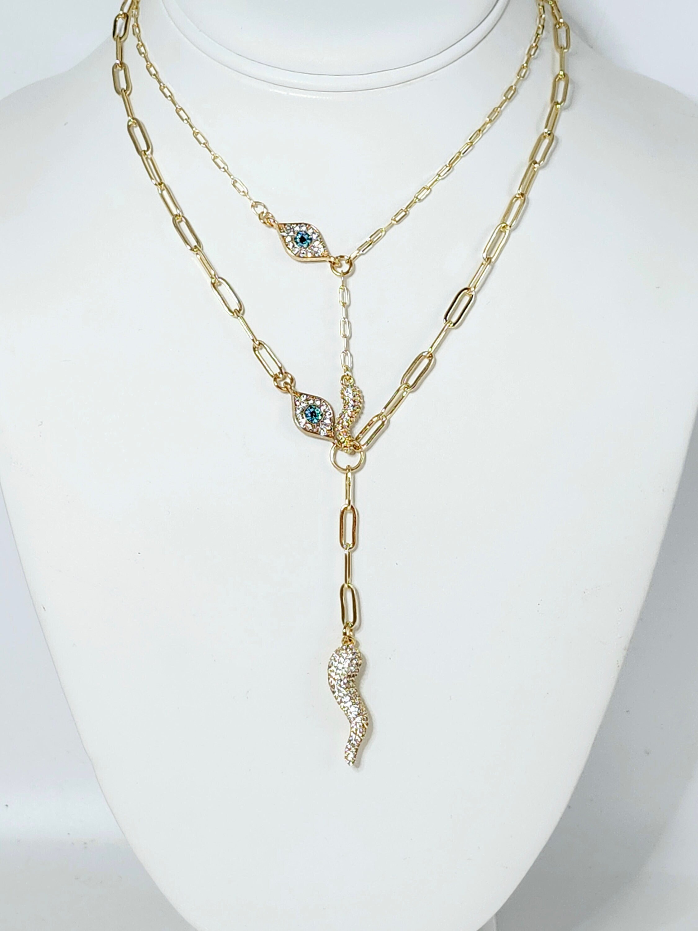 Good Luck Italian Bling Cornicello Pepper Evil Eye Gold Cubic Zirconia Lariat Portafortuna