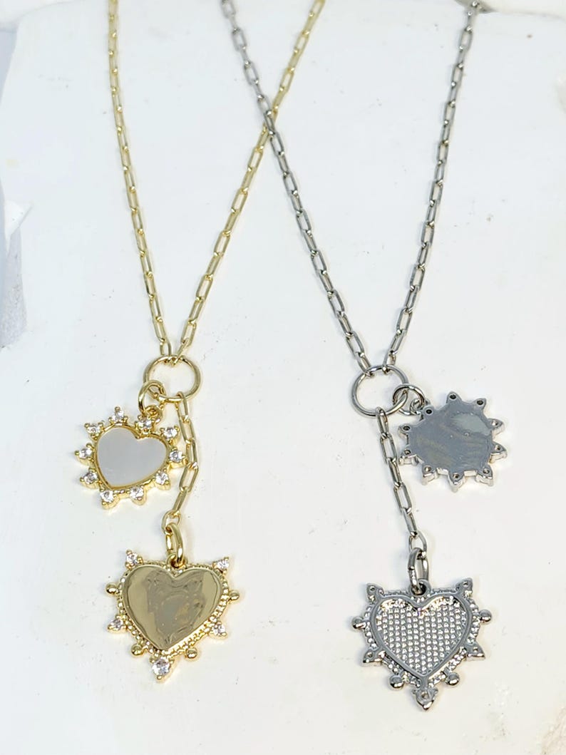 Mother of Pearl CZ Spikey Rivet Heart Y Lariat Necklace Dainty