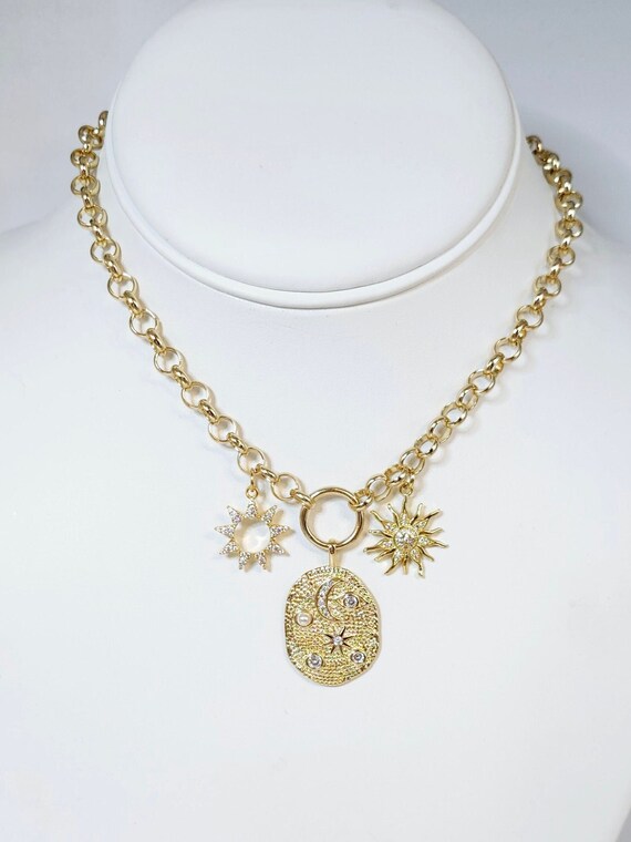 Celestial Medallion Necklace with Cubic Zirconia Star, Lightning, Evil Eye, Heart, Moon Celestial Medallion Necklace with Cubic Zirconia Star, Lightning, Evil Eye, Heart, Moon