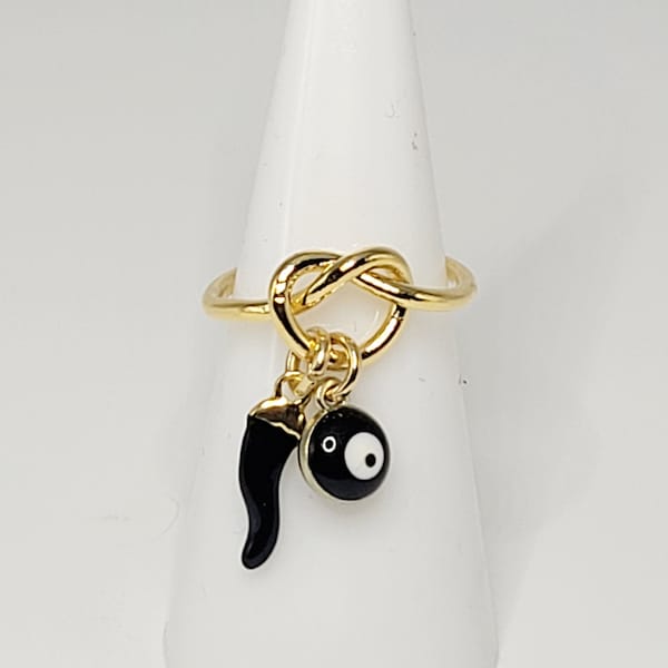 Italian Cornicello Horn and Evil Eye Luck Anti Malocchio Maloik Protection Charm Love Knot Infinity Gold Ring