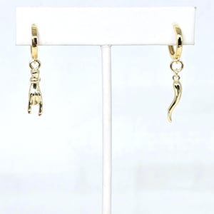 Italian Horn and Mano Cornuto Hand Charm Earrings Gold or Silver Dainty Hoop Earrings Protection Spiritual Good Luck Jewelry