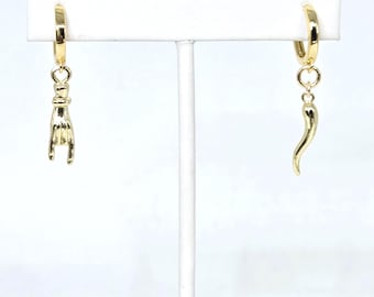 Italian Horn and Mano Cornuto Hand Charm Earrings Gold or Silver Dainty Hoop Earrings Protection Spiritual Good Luck Jewelry