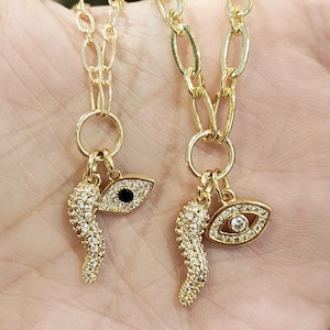 Gold Cornicello and Evil Eye Necklace Layered Lucky Charm Jewelry Italian Horn and Eye Spiritual Protection Necklace Gift for Her