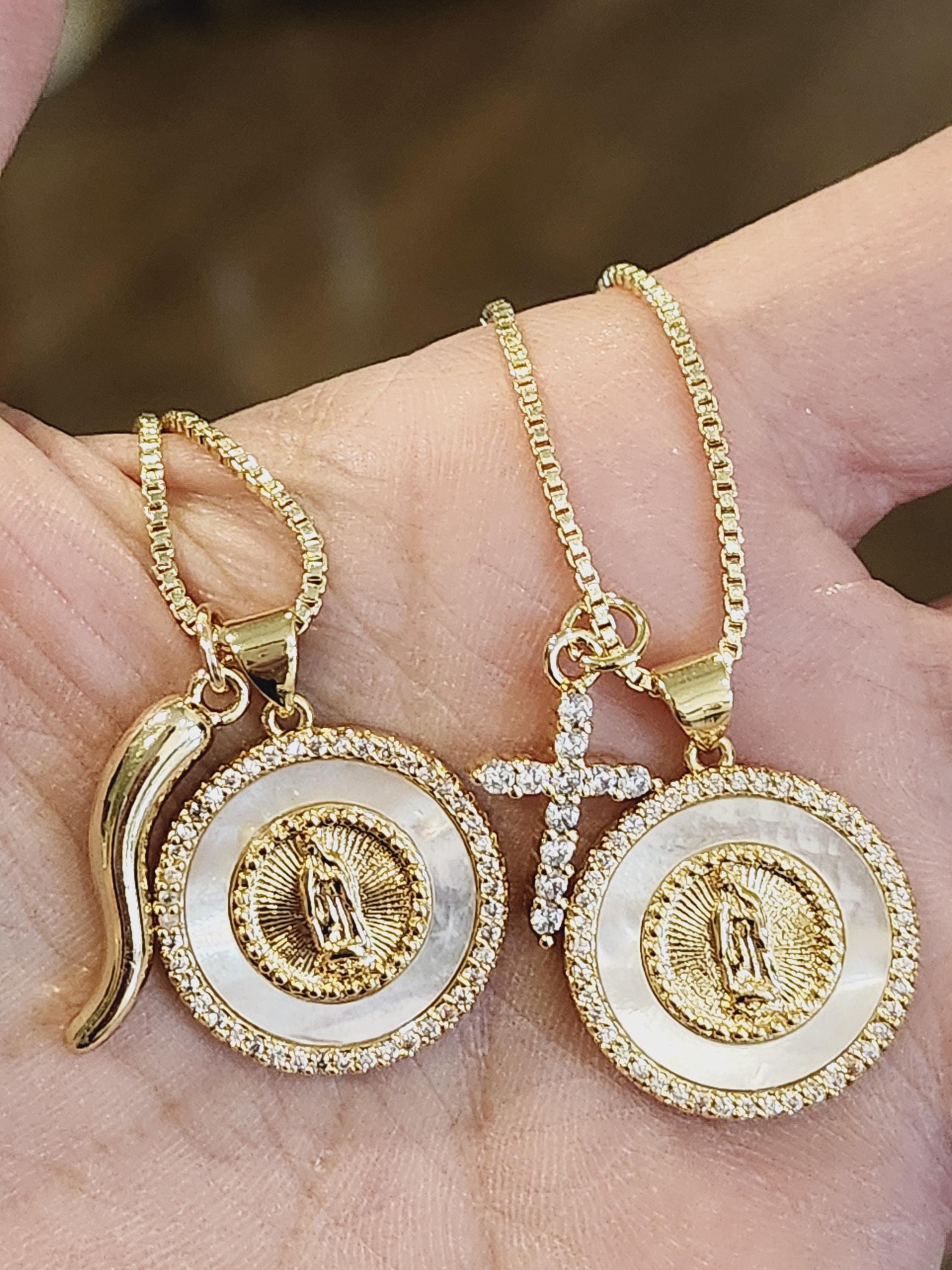 Gold CZ Virgin Mary Italian Horn CZ Cross Protection Necklace Layered Charm Necklace Mother Of Pearl Madonna Medal Spiritual Gift For Her