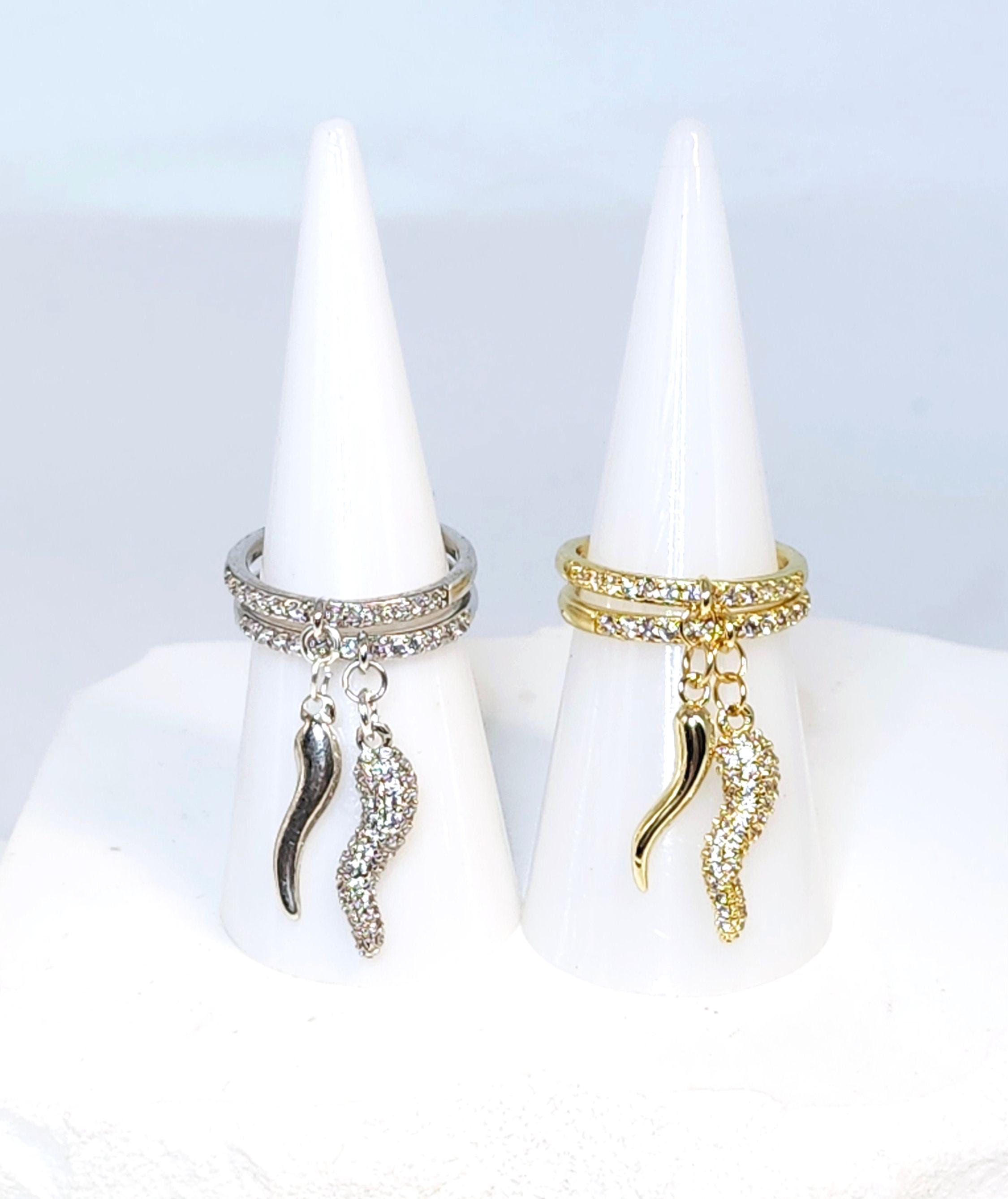 Dainty Italian Horn Stacking Charm Rings for Protection Amulet Dangling CZ Lucky Cornicello Spiritual Handmade Jewelry Gift For Her