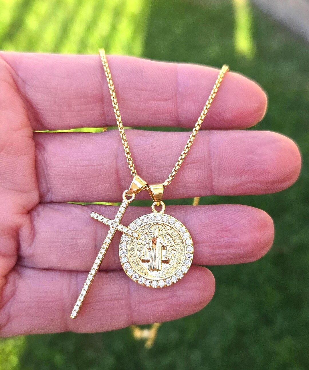 St Benedict Medal Cross Necklace Gold Catholic Saint Pendant Faith ...