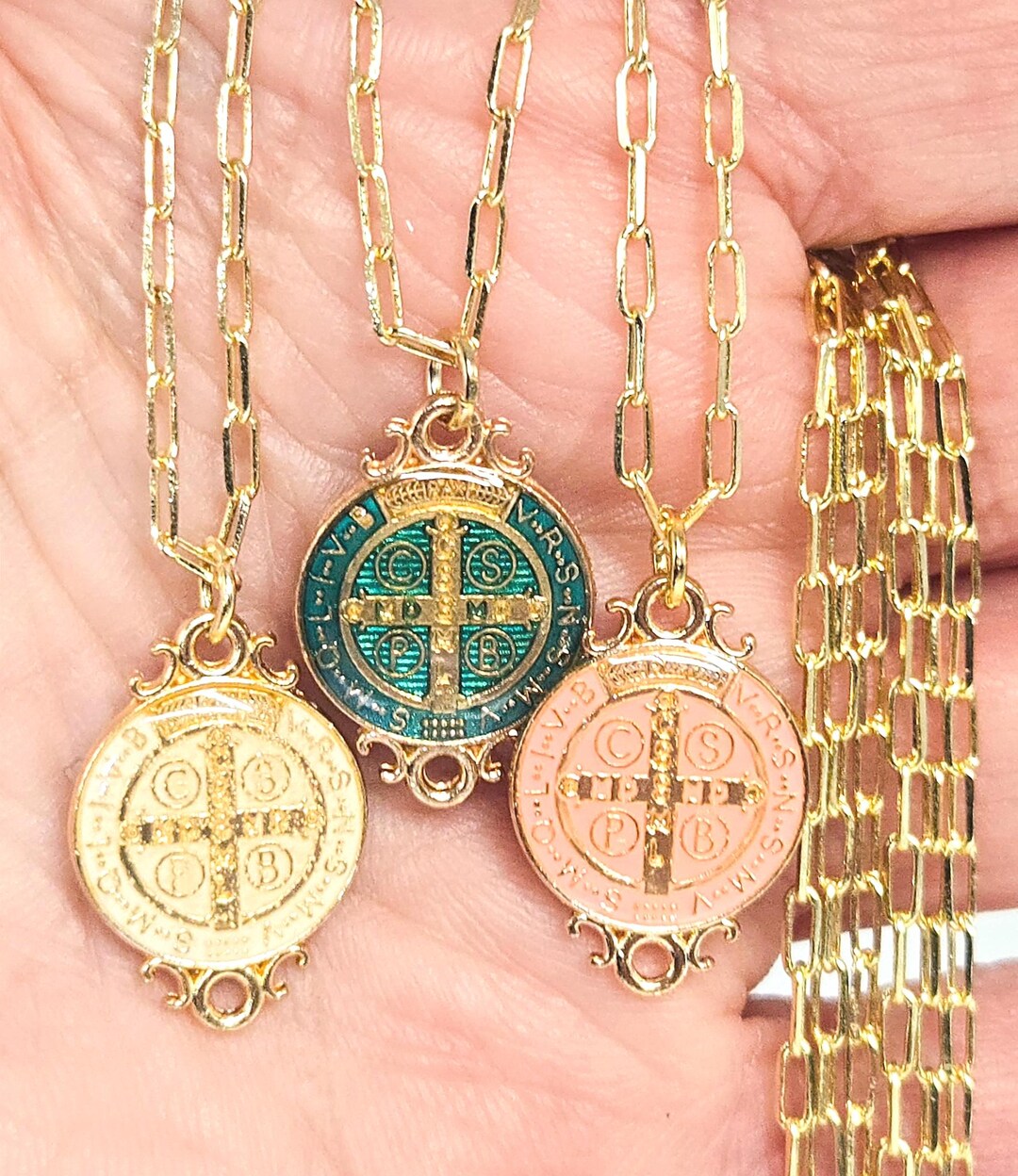 Saint Benedict Cross Medal Necklace Gold Enamel Catholic Faith Charm ...