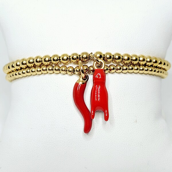 Cornicello Cornuto Red Italian Horn Malocchio Maloik Stretch Gold Beaded Luck Protection Bracelet