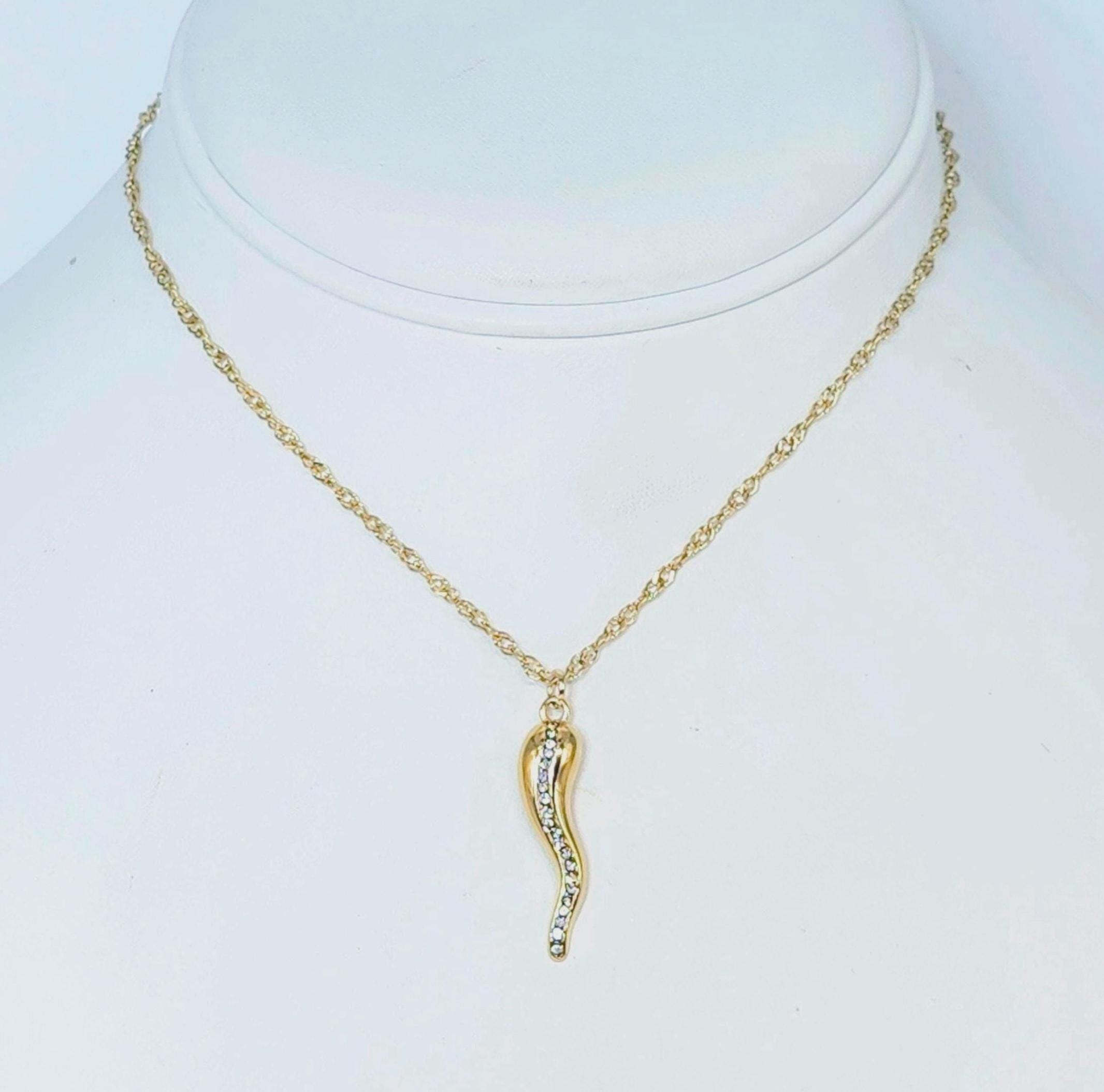 Gold Italian Horn Necklace CZ Cornicello Charm For Good Luck Protection Talisman Jewelry Gift