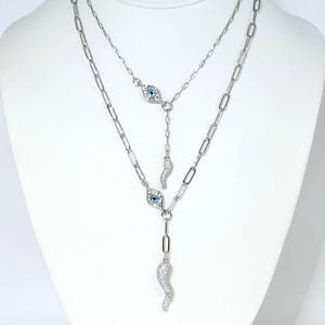 Evil Eye And Italian Horn Lariat Charm Necklace Protection Talisman and Good Luck Amulet Jewelry Silver Spiritual Gift for Her