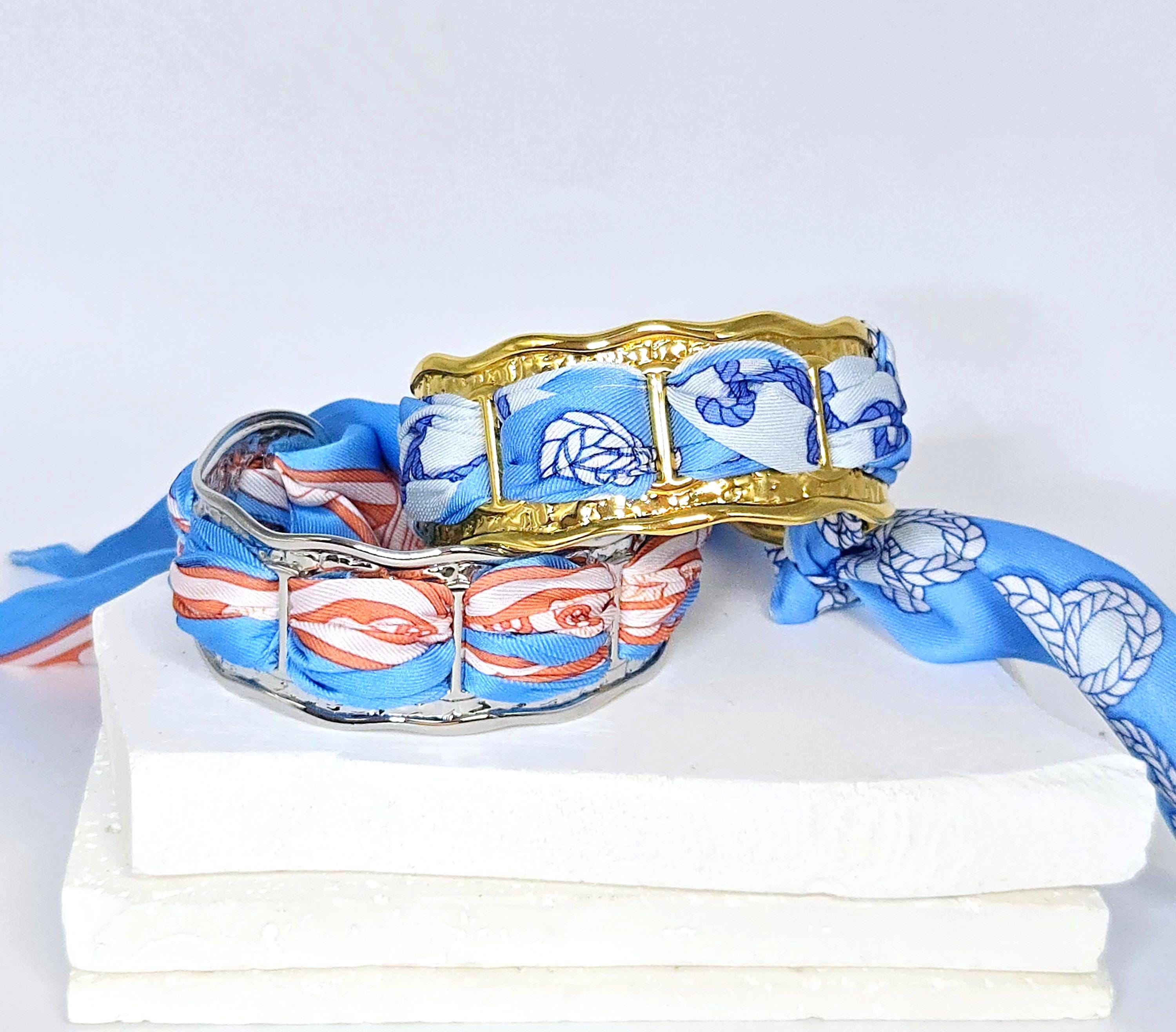 Adjustable Silk Wrap Cuff Bracelet Gold or Silver Tone Vintage-Inspired Statement Bangle with Printed Scarf Bohemian Trendy Layering Jewelry
