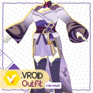 May include: A purple and white Vroid outfit with a long, flowing skirt, a decorative belt, and long sleeves. The outfit is labeled "FAN-MADE!"