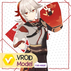 Può includere: Illustrazione digitale di un personaggio con capelli bianchi e accenti rossi, che indossa un abito dettagliato nelle tonalità del grigio, nero e rosso. Il personaggio fa il segno della pace. L'immagine include il testo ".VRoid Model FAN-MADE!" in un banner giallo e viola.