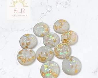 8mm/10mm/12mm White with Gold Foil Fleck Round Resin Flatback Cabochons DIY Jewelry Set of 10
