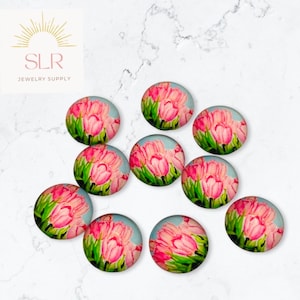 12 mm belles tulipes roses avec fond coloré cabochons en verre ronds, lot de 10 bijoux bricolage