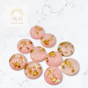 8mm/10mm/12mm Pink with Gold Foil Fleck Round Resin Flatback Cabochons DIY Jewelry Set of 10
