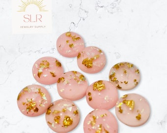 8mm/10mm/12mm Pink with Gold Foil Fleck Round Resin Flatback Cabochons DIY Jewelry Set of 10