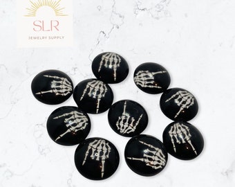 12mm Skeleton Hand With 2 Fingers Up Black Background  Round Glass Cabochons DIY Jewelry Set of 10