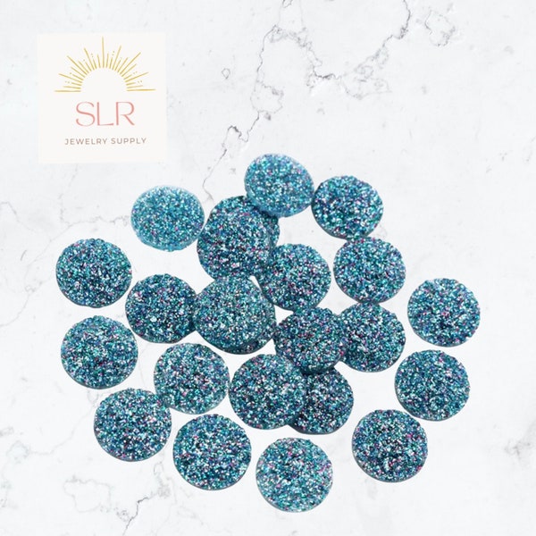 8mm/10mm/12mm Light Blue Glitter Faux Druzy Flatback Resin Round Cabochon DIY Jewelry Set of 10