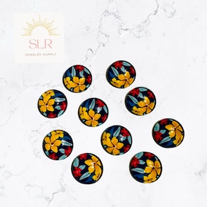 Ensemble de 10 bijoux à faire soi-même en cabochon rond en verre 12 mm floral jaune avec des touches de bleu et de jaune