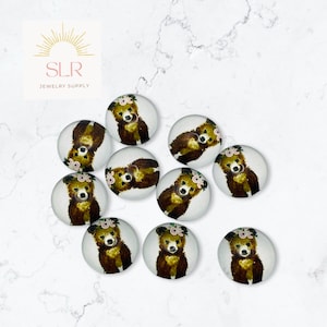 Cabochons ronds en verre avec couronne de fleurs, ours brun 12 mm, lot de 10 bijoux à faire soi-même