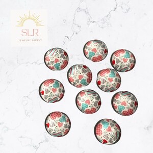 12mm Pink and Teal Valentine Design  Hearts on White Background Round Glass Cabochons DIY Jewelry Set of 10