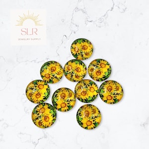 Lot de 10 magnifiques tournesols jaunes 12 mm avec fond vert cabochons en verre ronds, lot de 10