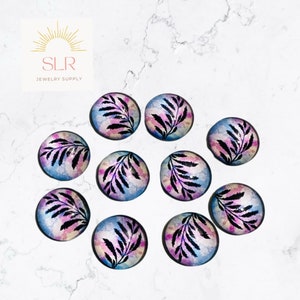 12 mm Feuilles fantaisie avec fond aquarelle bleu et violet Cabochons en verre ronds, lot de 10 bijoux à bricoler soi-même