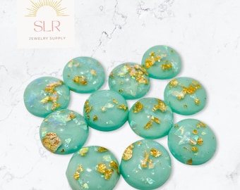 8mm/10mm/12mm Light Blue with Gold Foil Fleck Round Resin Flatback Cabochons DIY Jewelry Set of 10