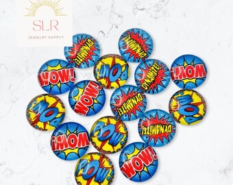 12mm Comic Book Action Words Round Glass Cabochons DIY Jewelry Set of 10