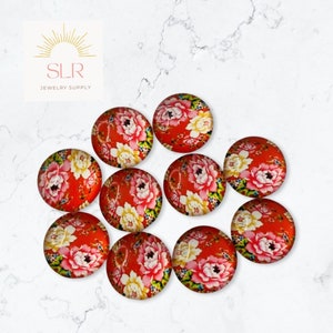 12mm Pink Floral Round Glass Cabochon DIY Jewelry Set of 10