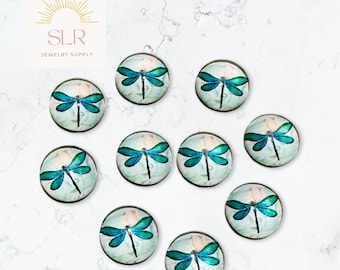 12mm Teal Dragonfly on Cream Background Round Glass Cabochons DIY Jewelry Set of 10