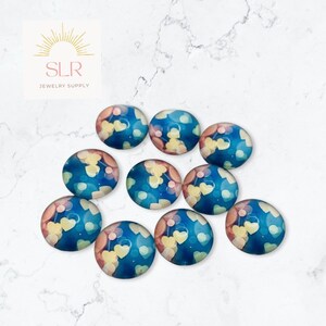 12mm Valentine Pink and Yellow Hearts on Teal Background Round Glass Cabochons DIY Jewelry Set of 10