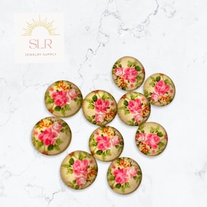 12mm Yellow and Pink Floral Round Glass Cabochon DIY Jewelry Set of 10