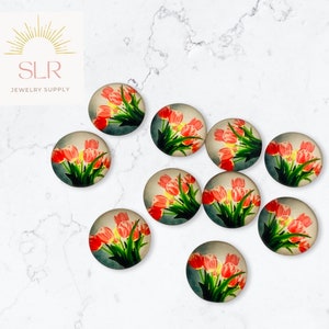 12 mm belles tulipes rouges avec fond jaune cabochons en verre ronds, lot de 10 bijoux bricolage