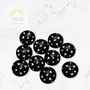 12mm Valentine Small Hearts on Black Background Round Glass Cabochons DIY Jewelry Set of 10