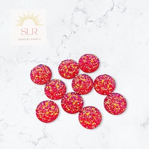 8mm/10mm/12mm Hot Pink Faux Druzy Flatback Resin Round Cabochon DIY Jewelry Set of 10
