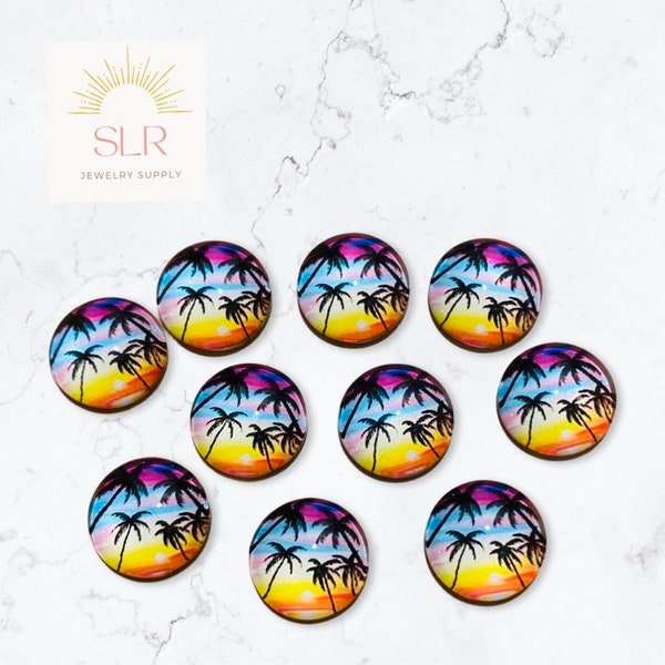10mm/12mm Beautiful Colourful Sunset with Palm Trees Round Glass Cabochons DIY Jewelry Set of 10