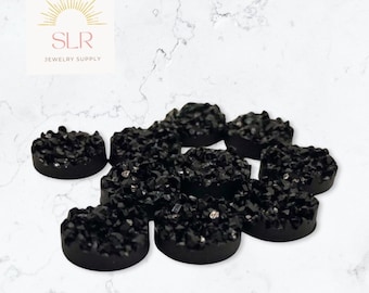 8mm/10mm/12mm Pure Black Faux Druzy Ore Resin Round Cabochon DIY Jewelry Set of 10