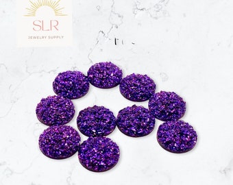 8mm/10mm/12mm Royal Purple Faux Druzy Flatback Resin Round Cabochon DIY Jewelry Set of 10